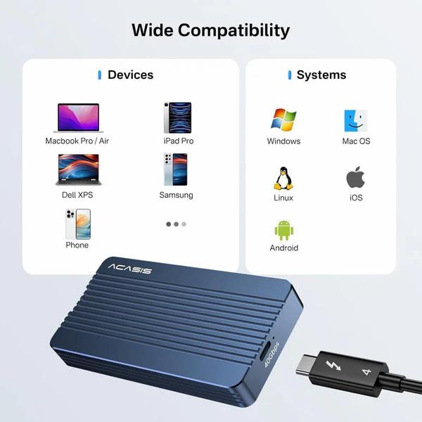 Acasis 40Gbps M.2 NVMe SSD Enclosure – Thunderbolt 3/4 & USB 4 – Tool-Free Design (With/Without Fan Option)