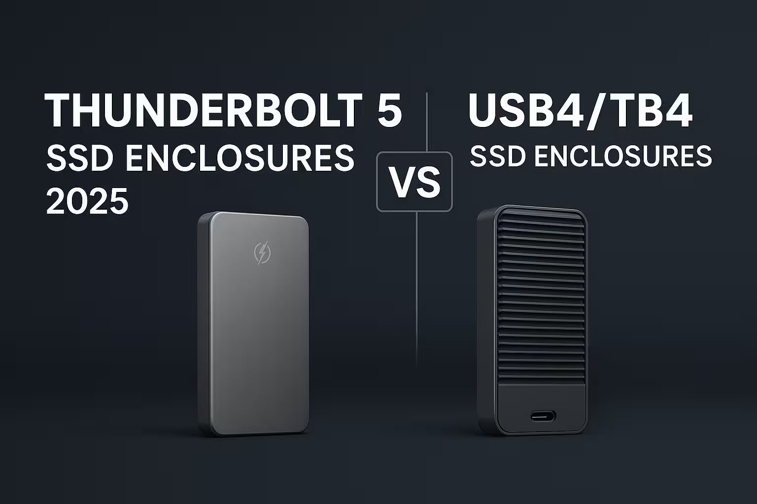 Comparison of Thunderbolt 5 vs USB4/TB4 SSD enclosures including Lindy, OWC, Acasis — Flexx Memory guide 2025