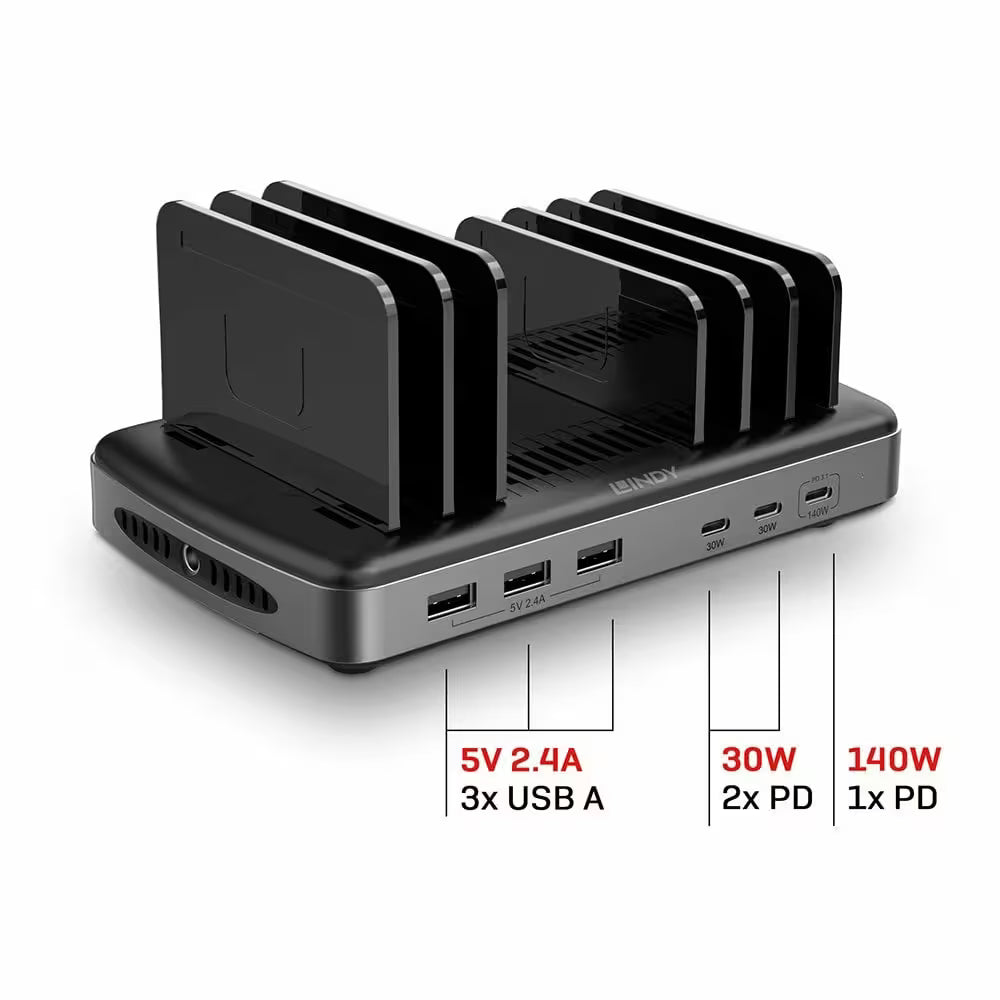 Lindy 160W 6-Port USB Charging Station – 3× USB-C & 3× USB-A Hub