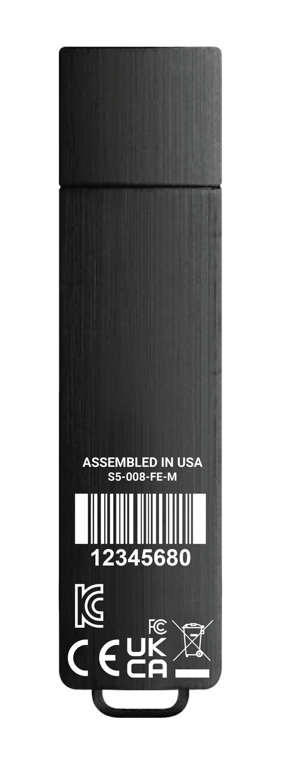 DataLocker Sentry 5 encrypted USB drive - back label showing certifications and assembled in USA
