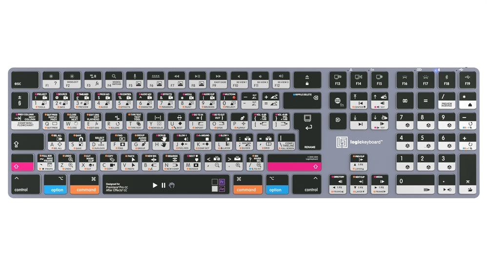 Logickeyboard TITAN Adobe Filmmaker Mac keyboard - colour-coded shortcut keys close-up