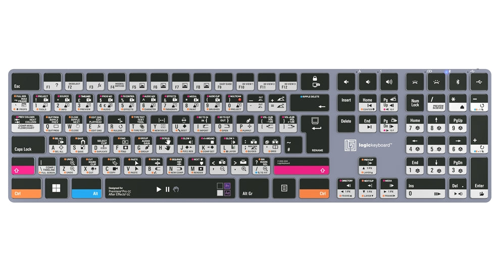 Logickeyboard TITAN Adobe Filmmaker PC keyboard - colour-coded shortcut keys close-up