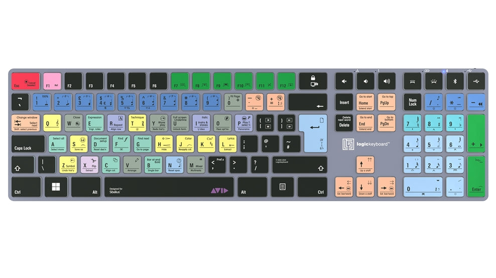 Logickeyboard TITAN Sibelius Windows keyboard - colour-coded shortcut keys close-up