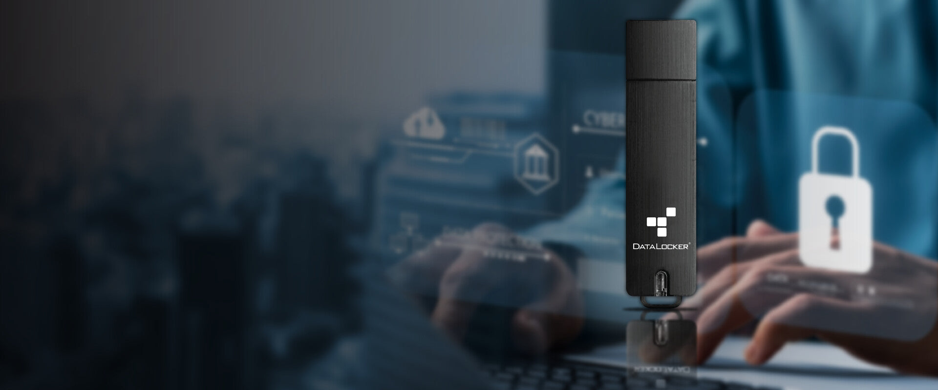 DataLocker Sentry 5 encrypted USB drive in use with laptop - enterprise data security
