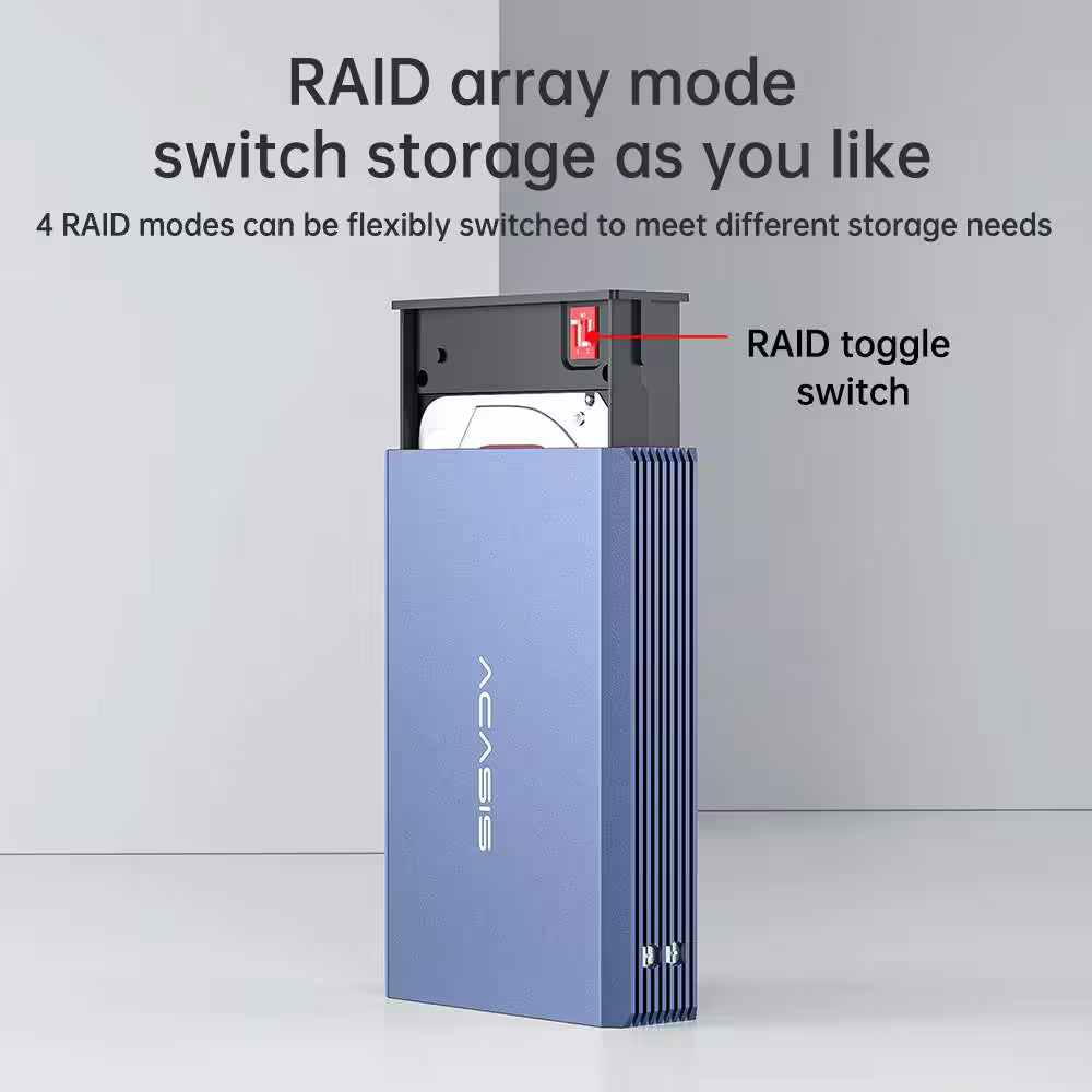 Storage device with RAID toggle switch on a gray background