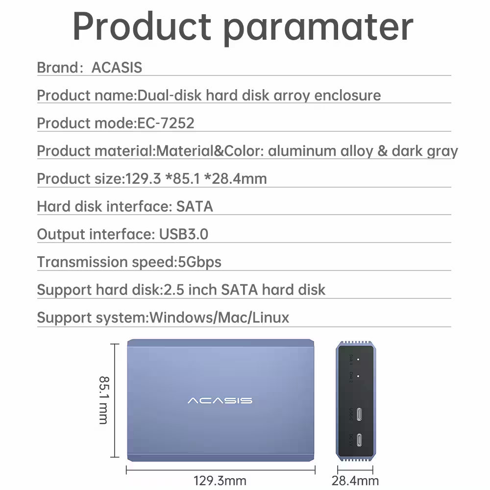 Product parameter details of a dual-disk hard disk array enclosure with ACASIS branding.
