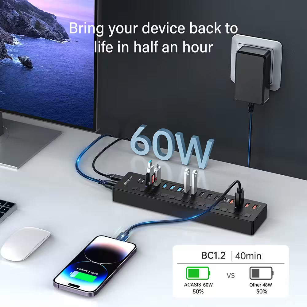Acasis 16-Port USB-C Hub Splitter – Powered, Individually Switched, Smart Charging