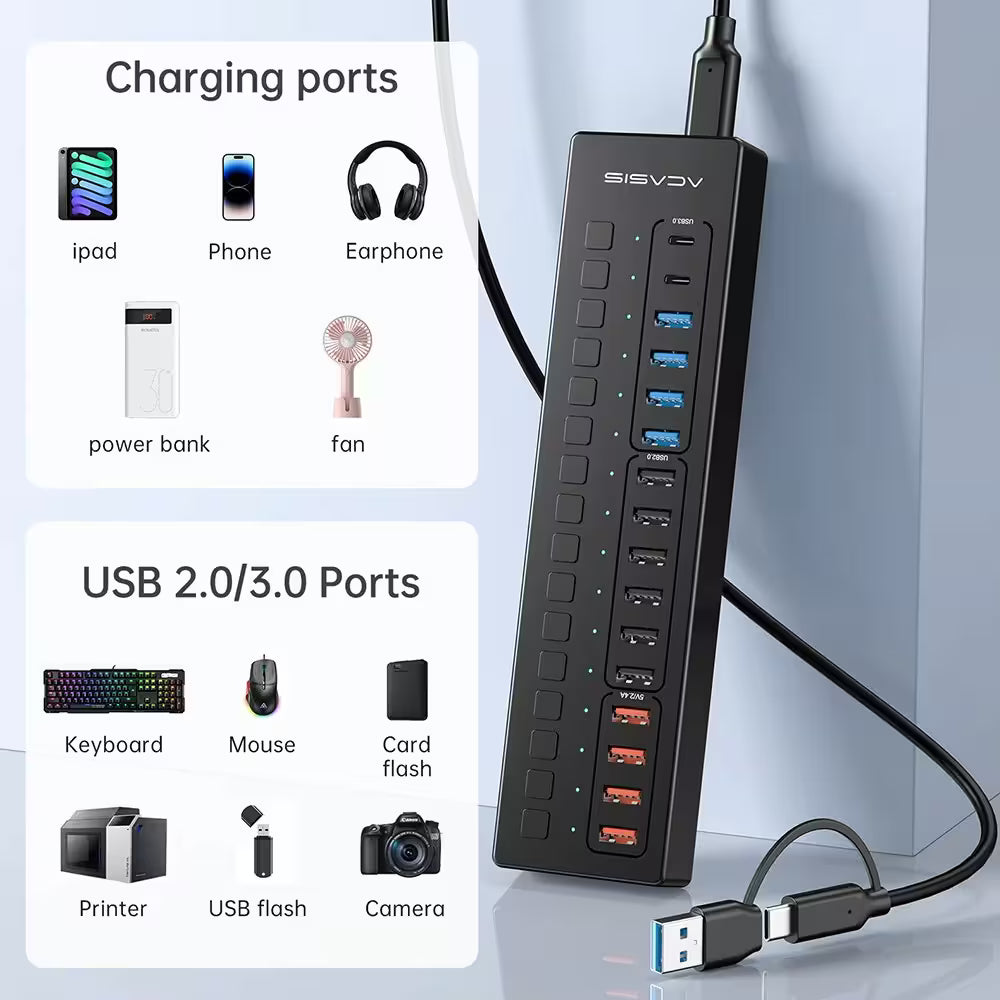 Acasis 16-Port USB-C Hub Splitter – Powered, Individually Switched, Smart Charging