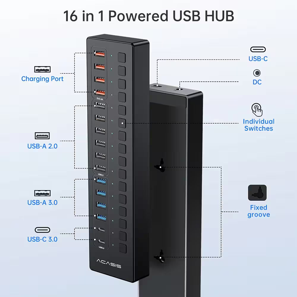 Acasis 16-Port USB-C Hub Splitter – Powered, Individually Switched, Smart Charging