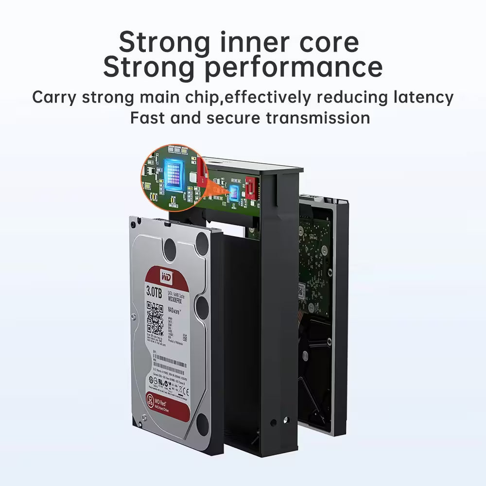 Hard drive with circuit board and text about strong performance and reduced latency