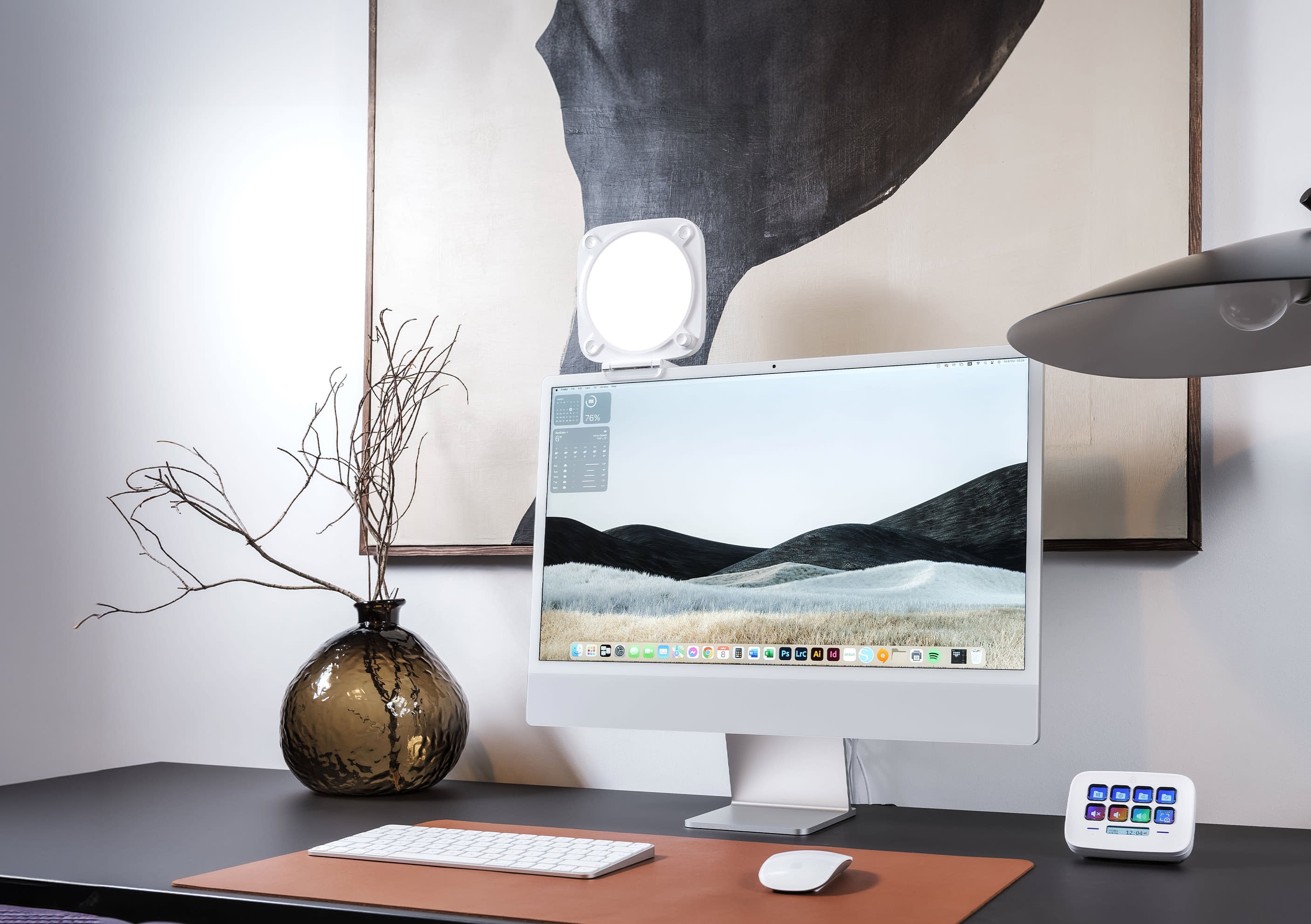 Elgato Key Light Neo - Silver, mounted on desktop monitor