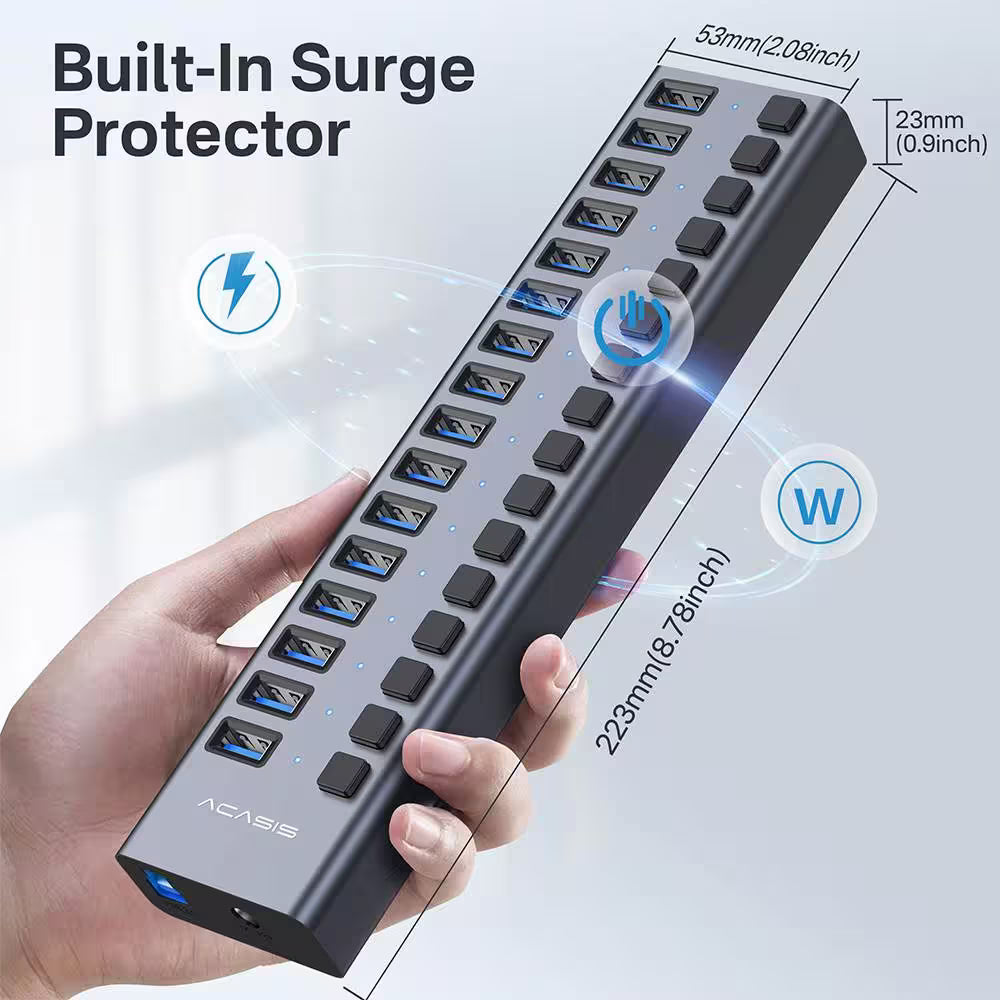 Acasis 16-Port USB 3.1 Hub – Powered, Individually Switched Ports