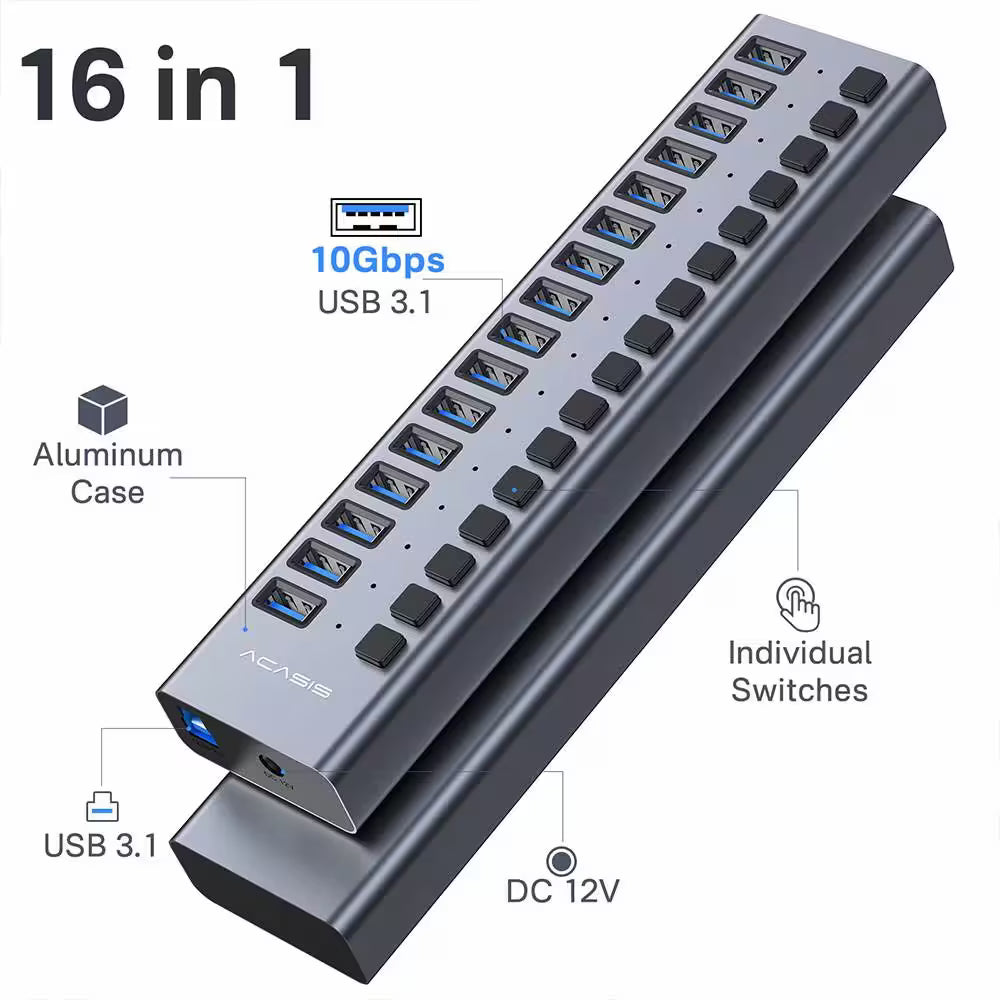 Acasis 16-Port USB 3.1 Hub – Powered, Individually Switched Ports