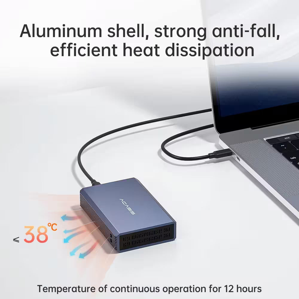 Laptop cooling pad with text highlighting features on a light gray background