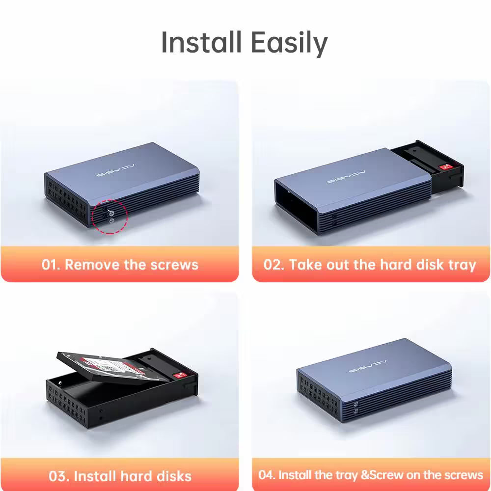 Step-by-step guide on how to install a hard disk tray with a blue external hard drive enclosure.