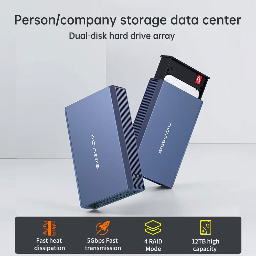 Two blue hard drive arrays with ACASIS branding on a light gray background.