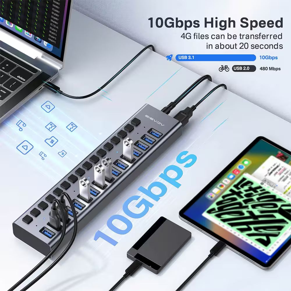 Acasis 16-Port USB 3.1 Hub – Powered, Individually Switched Ports