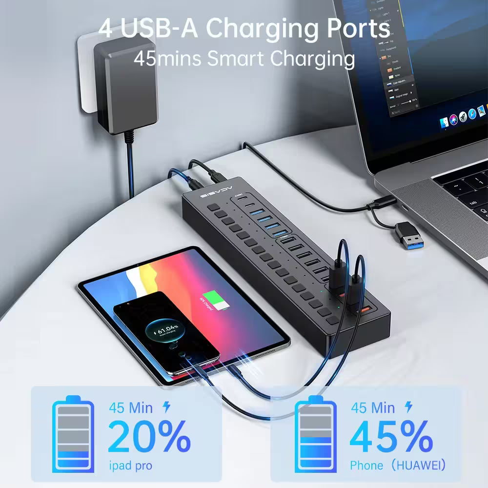 Acasis 16-Port USB-C Hub Splitter – Powered, Individually Switched, Smart Charging