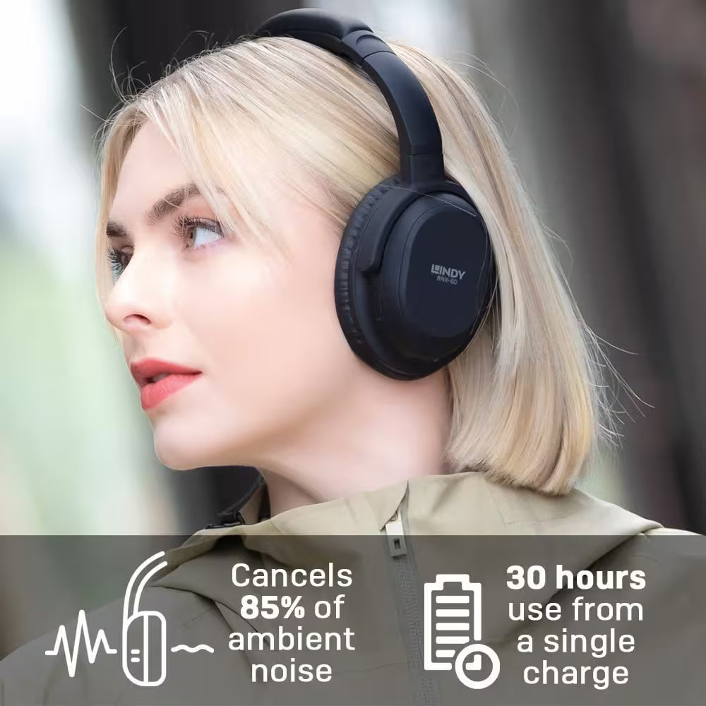 Lindy BNX-60 Wireless Active Noise Cancelling Headphones – aptX (Cool Grey / Matt Black)