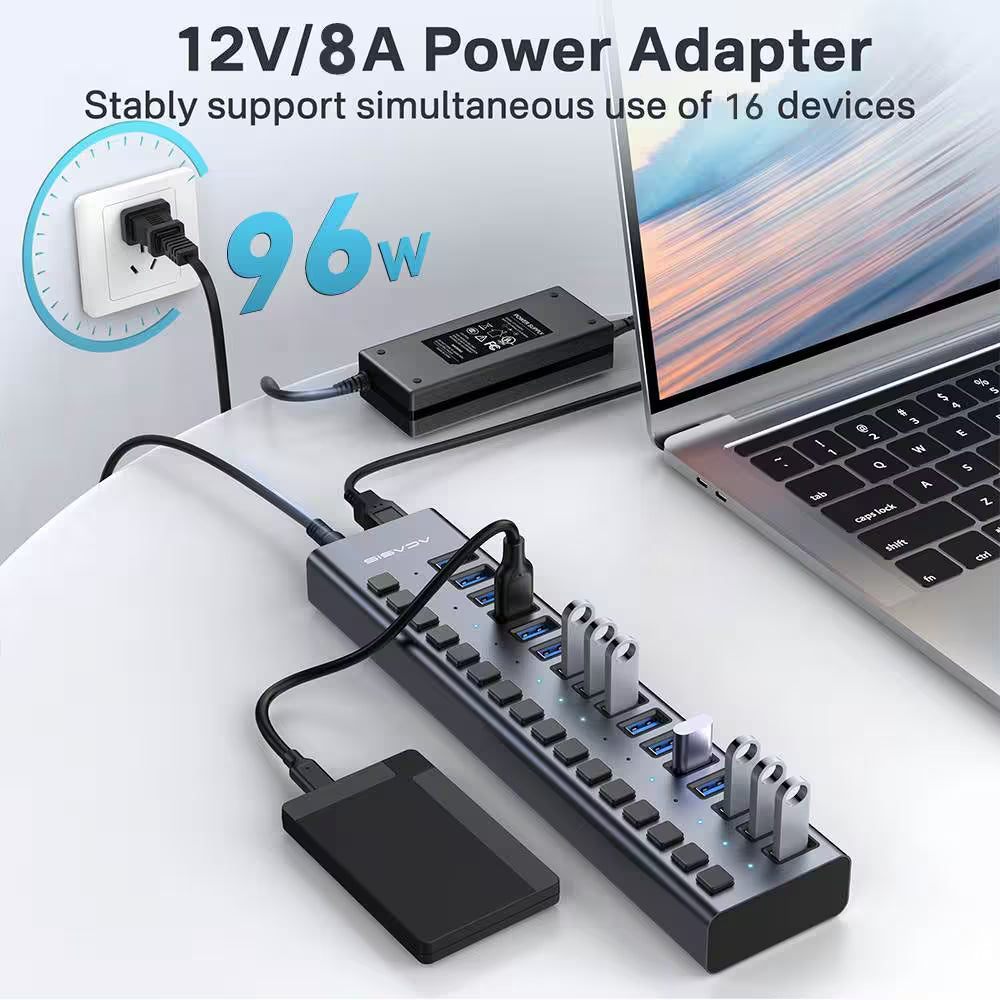 Acasis 16-Port USB 3.1 Hub – Powered, Individually Switched Ports