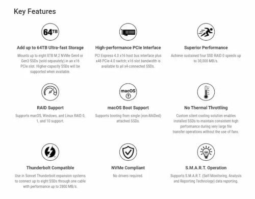 Sonnet Silent Gen 4 PCIe card with 8 x M.2 NVMe SSD slots up to 64GB storage - add your own SSD