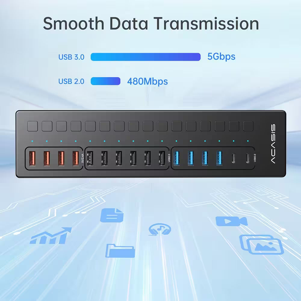 Acasis 16-Port USB-C Hub Splitter – Powered, Individually Switched, Smart Charging