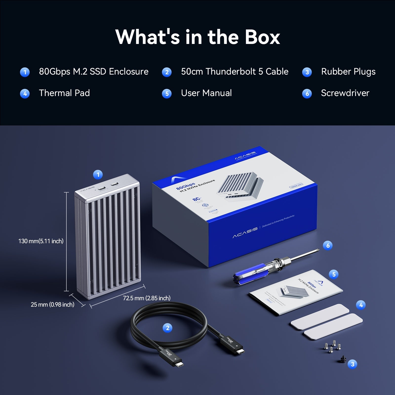 Acasis TB504Mini box contents and dimensions - 130 x 72.5 x 25mm