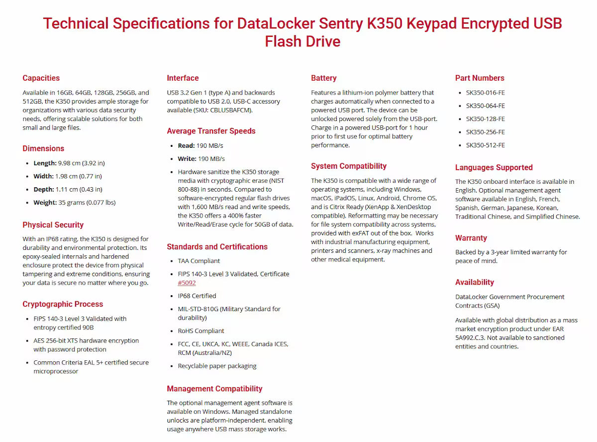 DataLocker Sentry K350 FIPS 140-3 Encrypted USB Drive 16GB–512GB – Secure Flash Storage