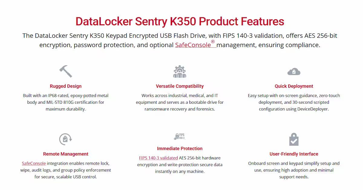 DataLocker Sentry K350 FIPS 140-3 Encrypted USB Drive 16GB–512GB – Secure Flash Storage