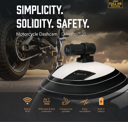 Transcend 32GB Drive Pro 20 Motorcycle Dashcam,1080P Full HD, Built-in Wi-Fi