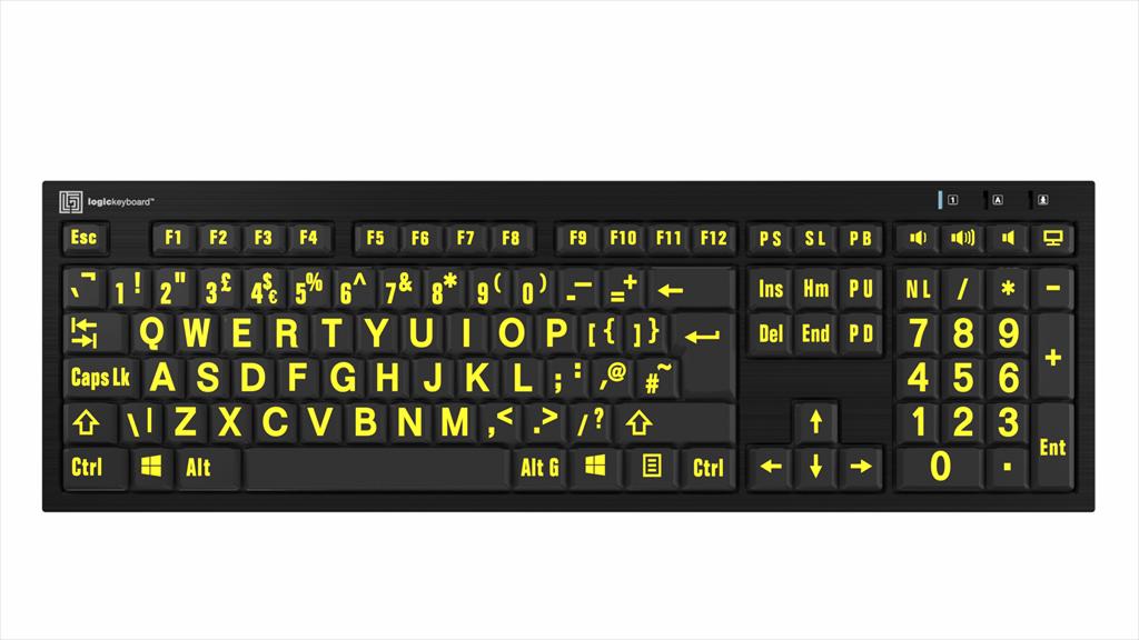 Large Print Yellow on Black NERO Slimline Keyboard for Windows