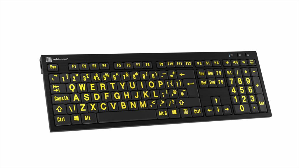 Large Print Yellow on Black NERO Slimline Keyboard for Windows