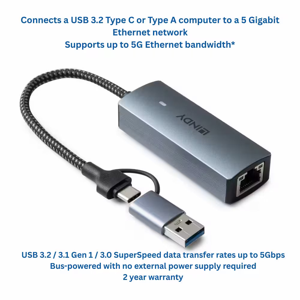 Lindy USB 3.2 Gen 1 to 5G Ethernet Converter - USB-C and USB-A Network Adapter