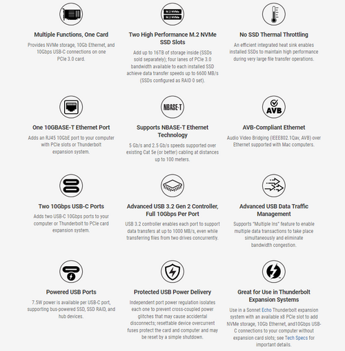 Sonnet McFiver Multifunction adapter card with dual M.2 NVMe SSD slots, 10GbE, and two 10Gbps USB-C Ports