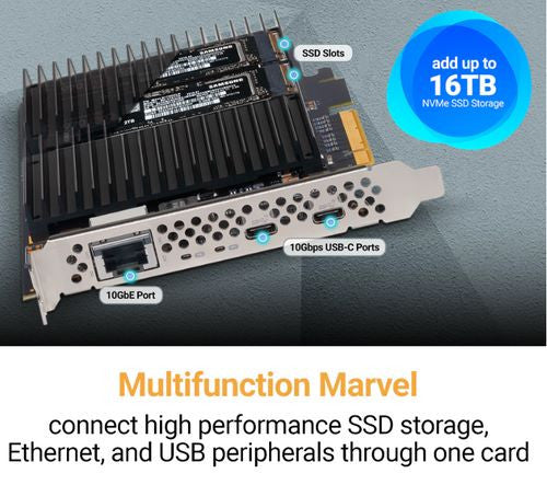 Sonnet McFiver Multifunction adapter card with dual M.2 NVMe SSD slots, 10GbE, and two 10Gbps USB-C Ports