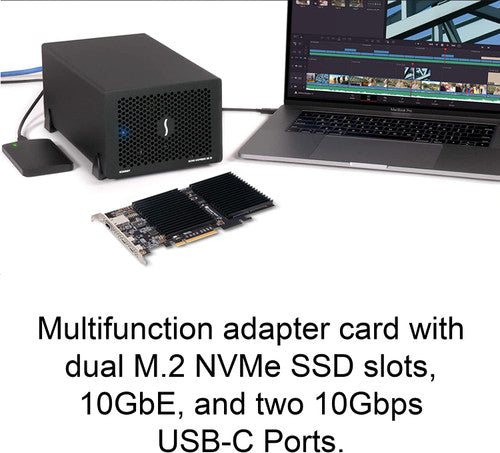 Sonnet McFiver Multifunction adapter card with dual M.2 NVMe SSD slots, 10GbE, and two 10Gbps USB-C Ports