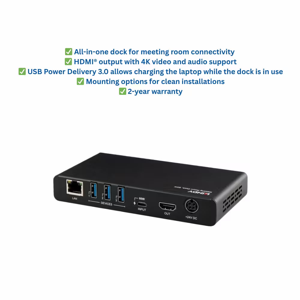 Lindy Meeting Room Dock 60W USB-C Laptop Dock with HDMI Ethernet and USB