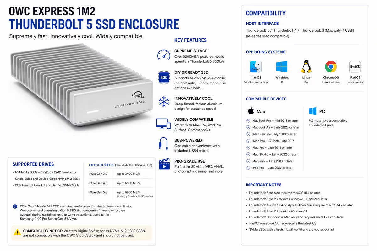 OWC Express 1M2 80G Thunderbolt 5/USB4 NVMe SSD Enclosure or Portable SSD – Up to 6000MB/s