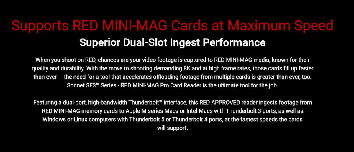 Sonnet SF3 RED MINI-MAG Pro Card Reader – Dual Slot Thunderbolt 3