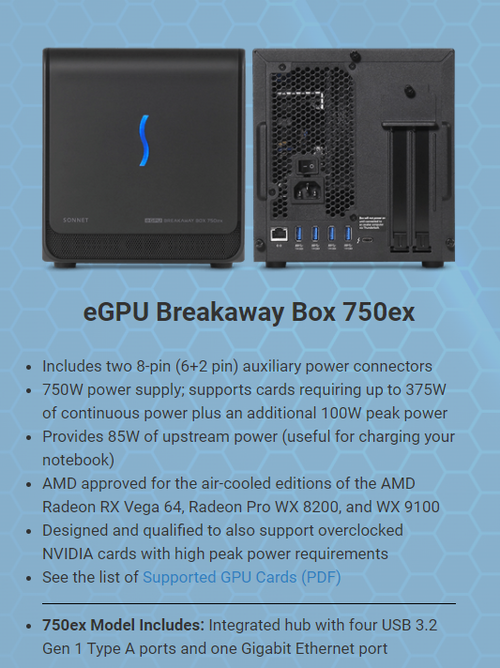 Sonnet eGPU Breakaway Box 750ex Thunderbolt 3 (eGPU Expansion System) - 1 x RJ45 and 4 x USB Type A ports