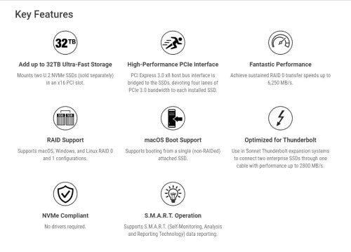 Sonnet Fusion Dual U.2 SSD PCIe Card with Two U.2 NVMe SSD Connectors On a PCIe 3.0 x16 Card, add your own U.2 SSDs