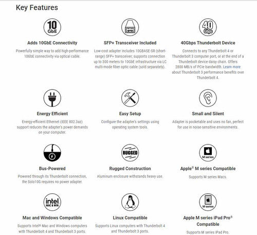 Sonnet SOLO10G SFP+ 10 Gigabit Ethernet Thunderbolt 3 Adapter with Short-Range SFP+ Transceiver