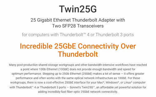 Sonnet Twin25G Dual-port 25GbE Thunderbolt Adapter with Two Included SFP28 Transceivers