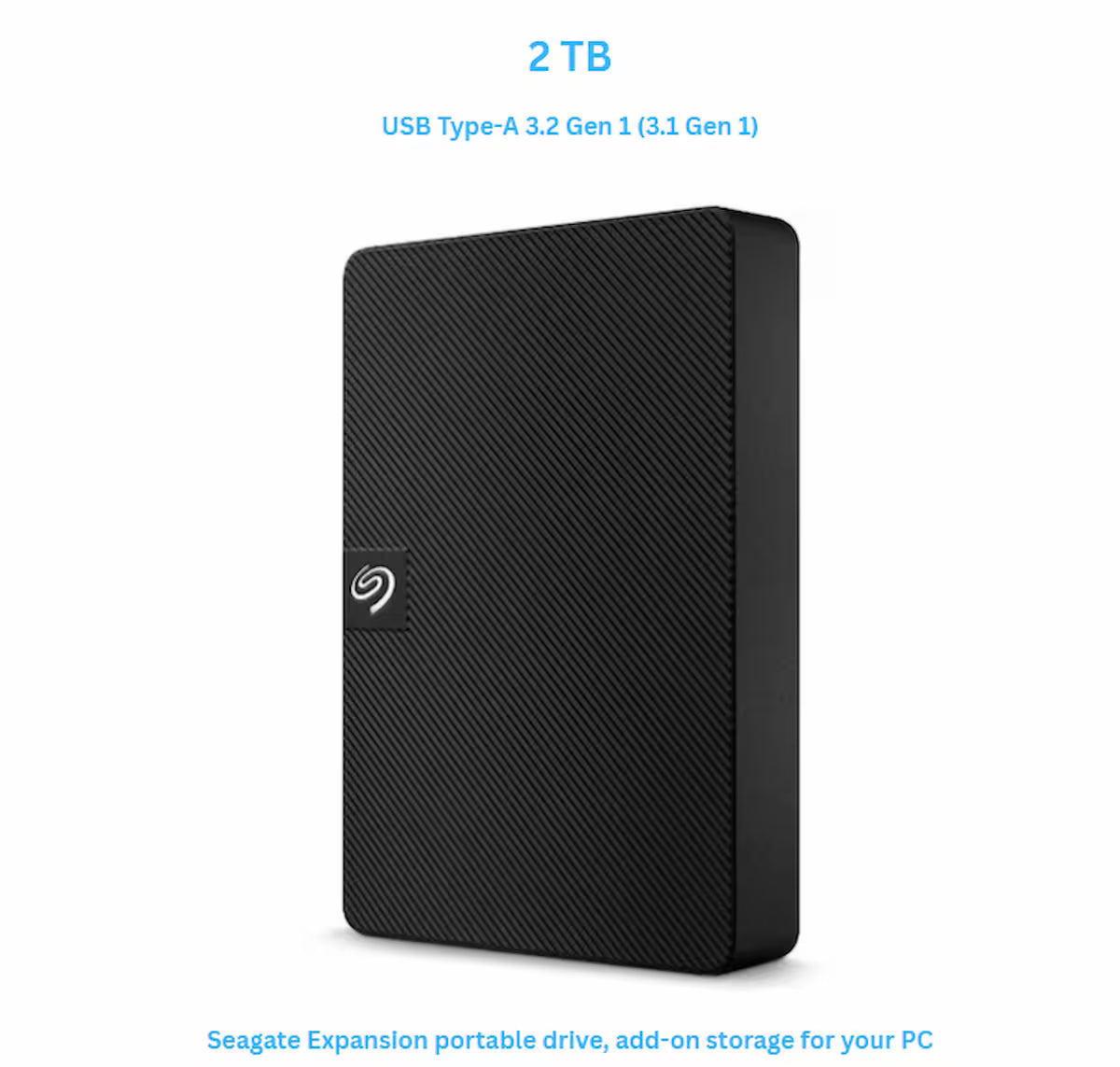 Black external hard drive Seagate with specs.