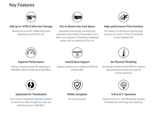 Sonnet Low-profile PCIe Card with Two M.2 NVMe SSD slots - add up to 16TB SSD