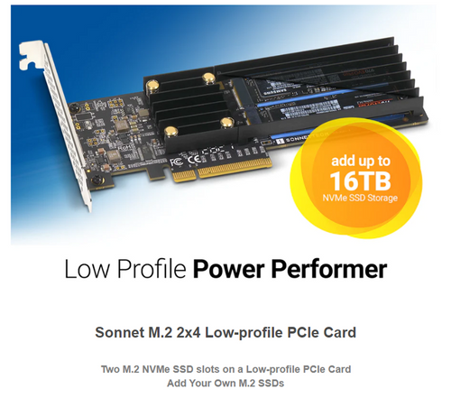 Sonnet Low-profile PCIe Card with Two M.2 NVMe SSD slots - add up to 16TB SSD