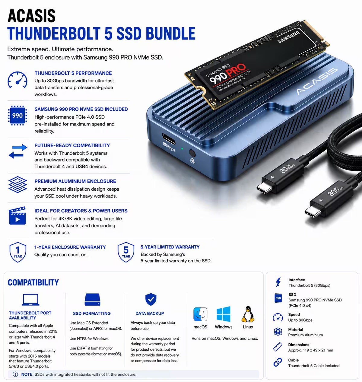 Acasis TB501Pro Thunderbolt 5 80Gbps Enclosure + Samsung 990 Pro SSD Bundle
