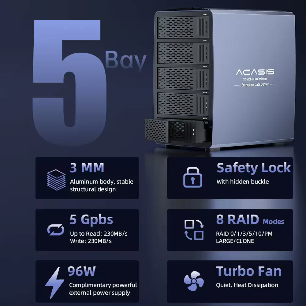 Acasis 5-Bay External SATA RAID Enclosure – USB to SATA HDD/SSD Array