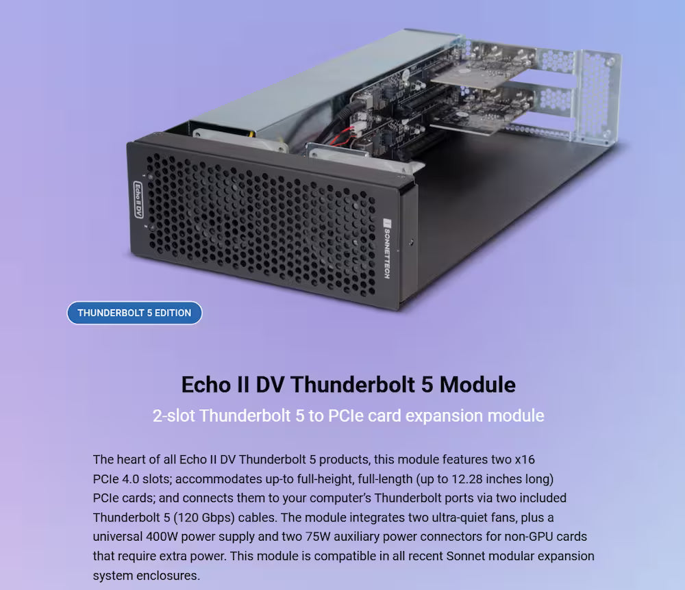 Sonnet Echo II DV Desktop – Dual‑Slot Thunderbolt 5 PCIe Expansion Chassis