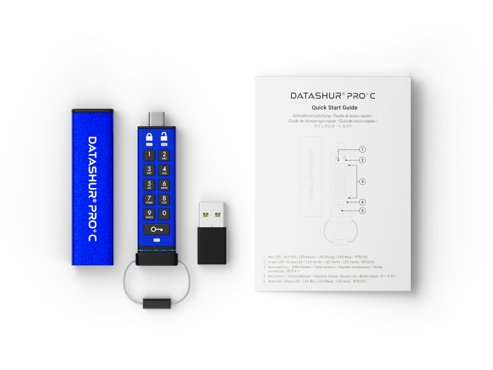 iStorage datAshur PRO+C — box contents including USB-C to USB-A adapter